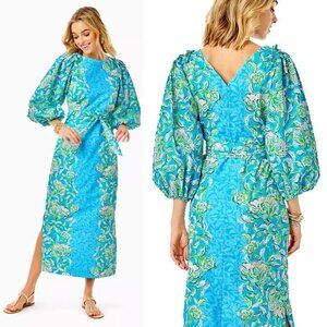 Lilly Pulitzer Barbara Maxi Dress Cumulus Blue Chick Magnet puff sleeve caftan S